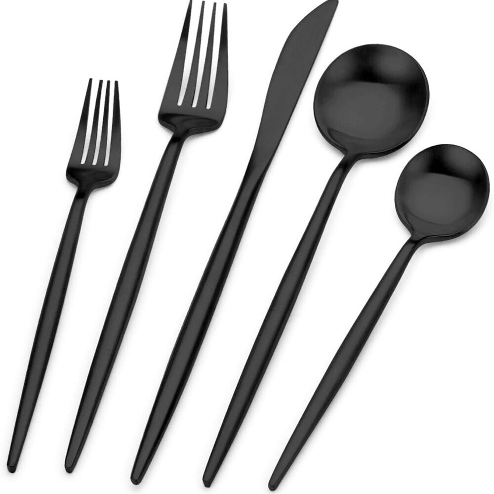 Black Stainless Steel Flatware Set - Modern 5-Piece Cutlery